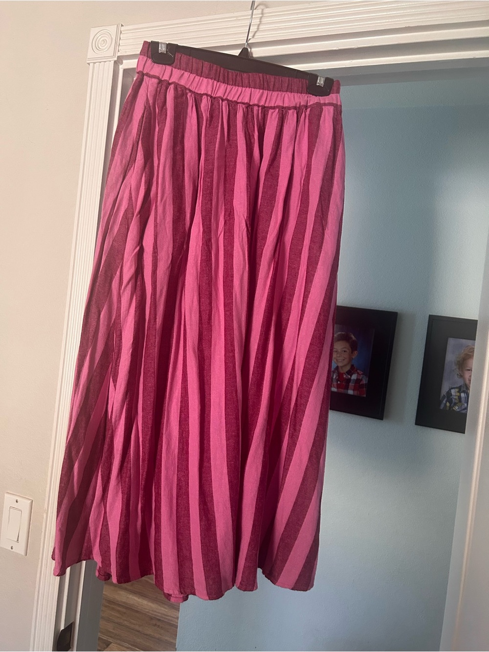 A New Day Bungalow Linen Maxi Pleated Pink and Berry Striped Skirt XS